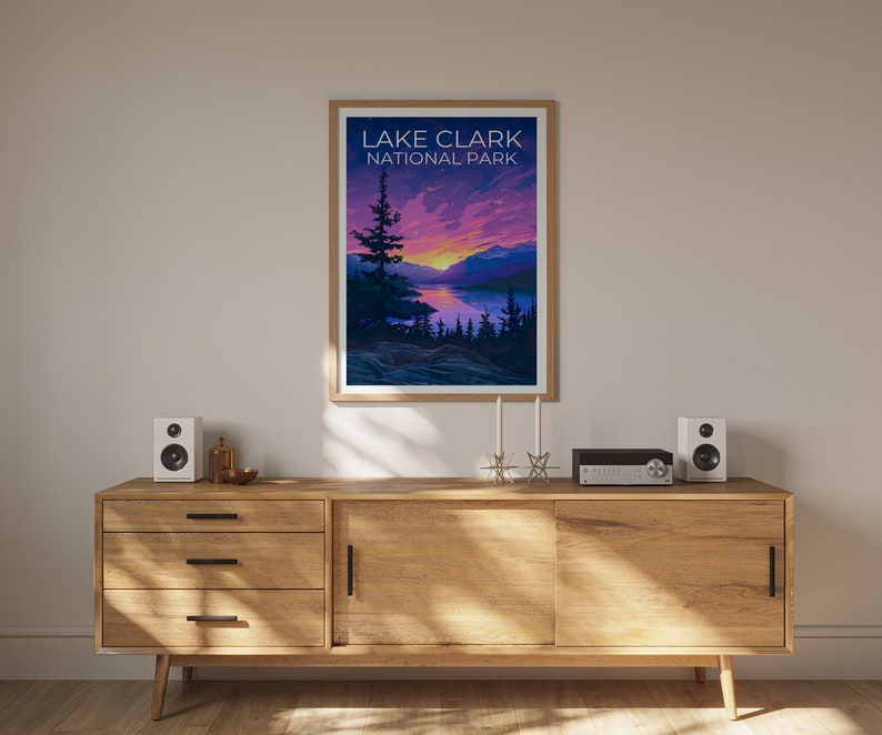 Affiche du parc national du lac Clark, impression du lac Clark, affiche de l'Alaska, impression de l'Alaska, affiche de voyage du lac Clark, art de l'Alaska, art du lac Clark