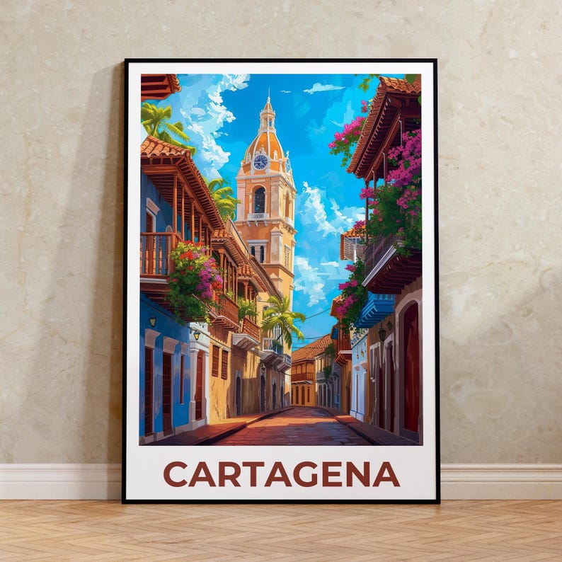 Cartagena Travel Print, Colombia Poster, South America Wall Art, Historic Downtown Illustration, City Poster, Home Decor, Birthday Gift