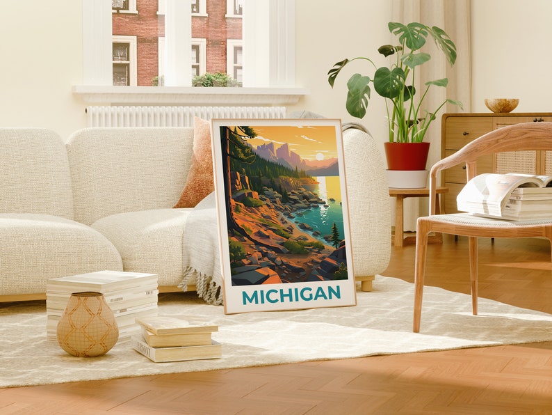 Affiche du Michigan, affiche de voyage sur le lac Michigan, art mural du Michigan, impression du Michigan, affiche du lac Michigan, impression du lac Michigan