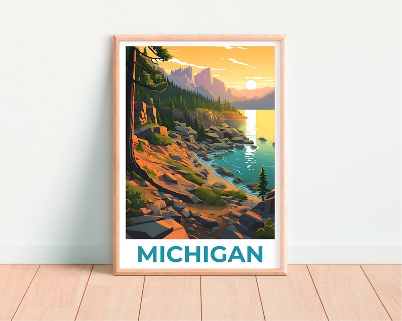 Affiche du Michigan, affiche de voyage sur le lac Michigan, art mural du Michigan, impression du Michigan, affiche du lac Michigan, impression du lac Michigan