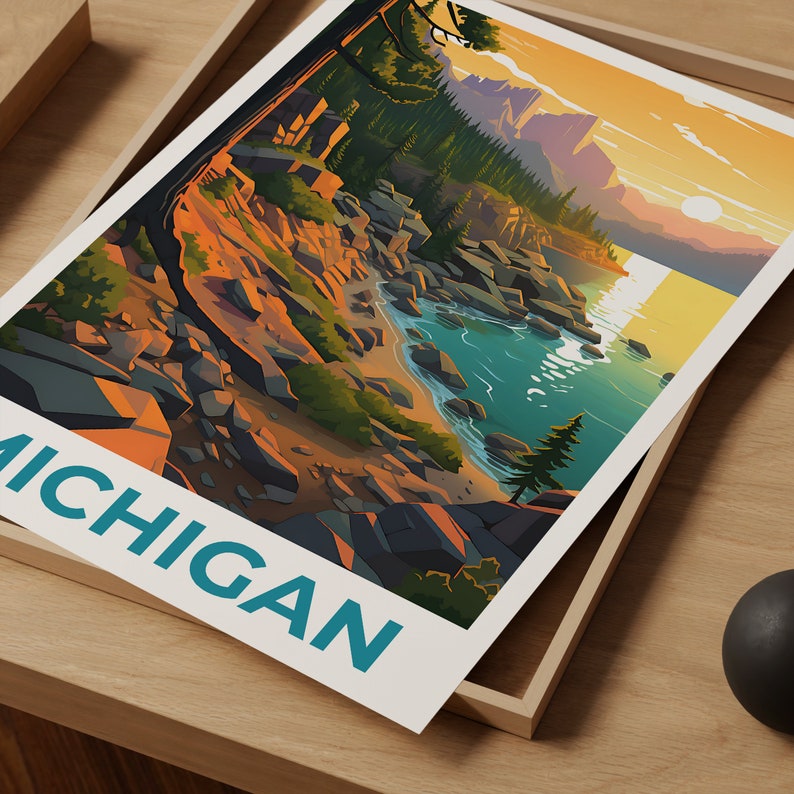 Affiche du Michigan, affiche de voyage sur le lac Michigan, art mural du Michigan, impression du Michigan, affiche du lac Michigan, impression du lac Michigan