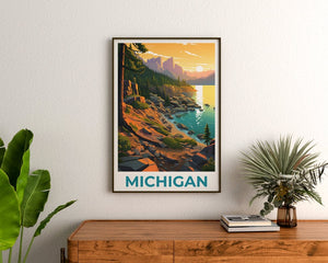 Affiche du Michigan, affiche de voyage sur le lac Michigan, art mural du Michigan, impression du Michigan, affiche du lac Michigan, impression du lac Michigan