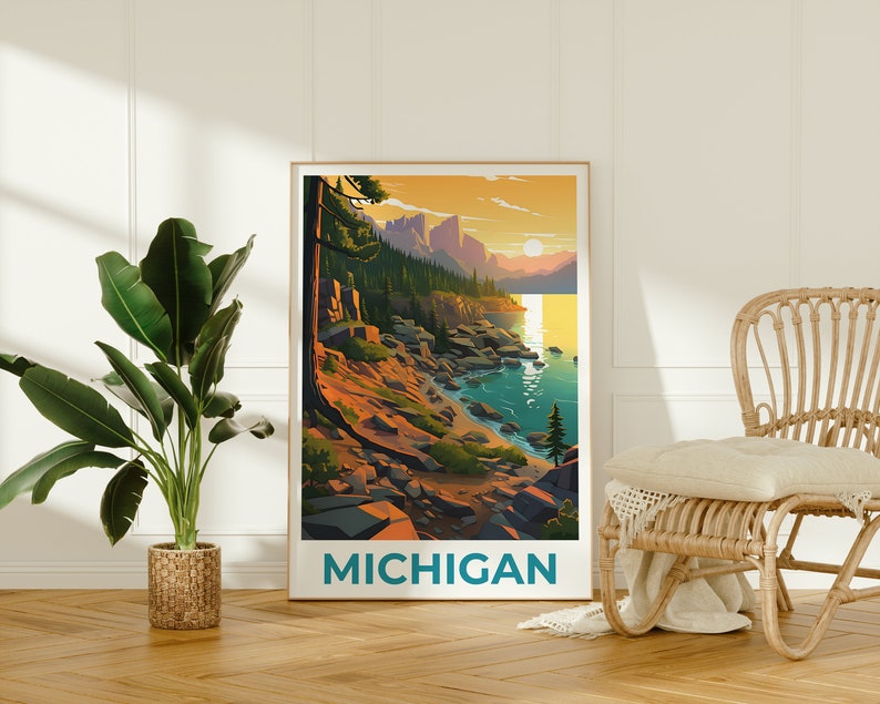 Affiche du Michigan, affiche de voyage sur le lac Michigan, art mural du Michigan, impression du Michigan, affiche du lac Michigan, impression du lac Michigan