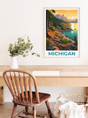 Affiche du Michigan, affiche de voyage sur le lac Michigan, art mural du Michigan, impression du Michigan, affiche du lac Michigan, impression du lac Michigan