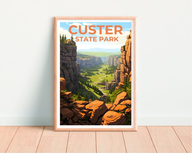 Affiche de voyage du parc d'État de Custer, art mural du Dakota du Sud, impression du Dakota du Sud, affiche du parc d'État de Custer, impression du parc d'État de Custer