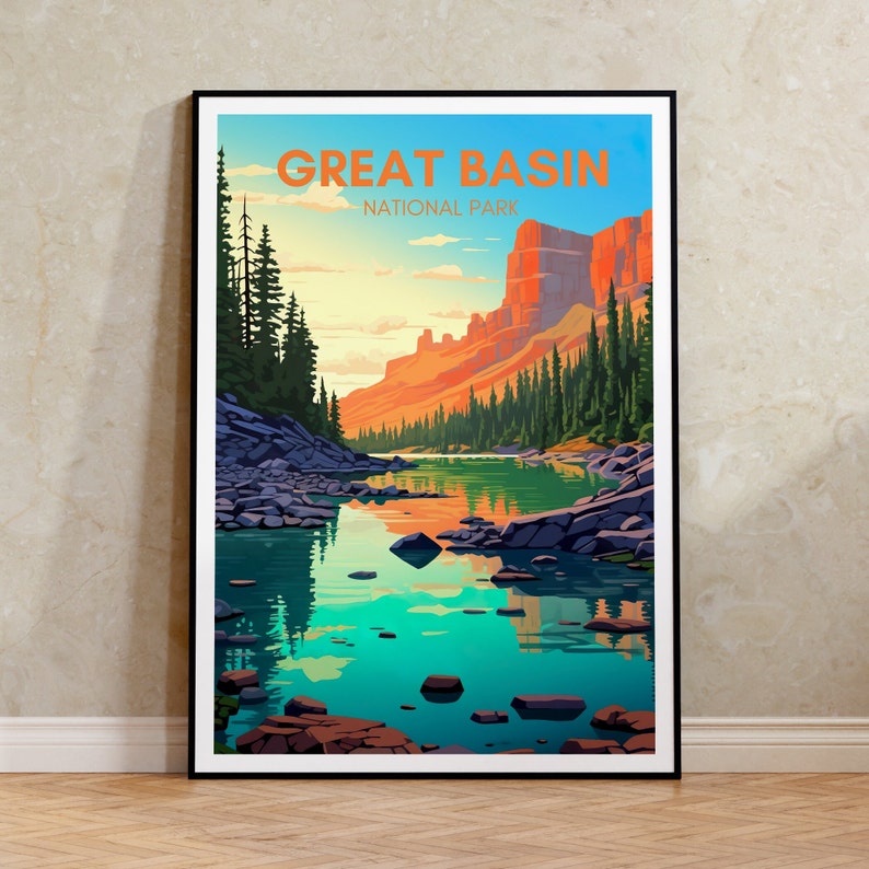 Affiche de voyage du Grand Bassin, art mural du Grand Bassin, impression du parc national, affiche du Grand Bassin, art du Nevada, affiche sur la nature, décoration murale