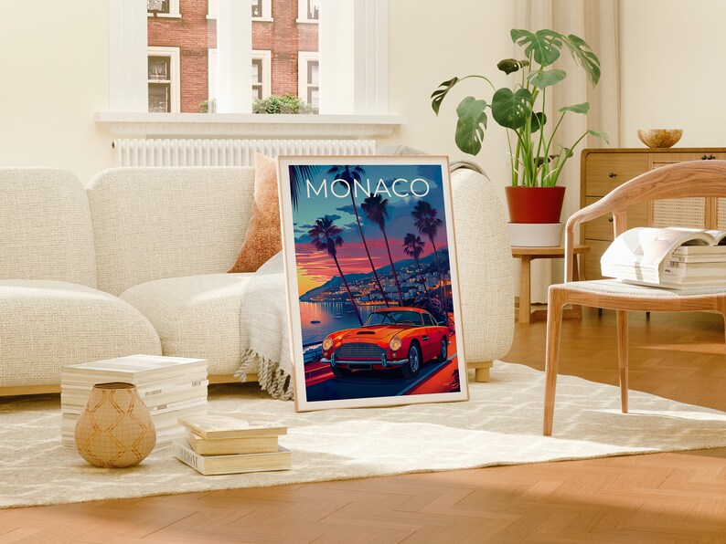 Affiche de Monaco, Impression de Monaco, Affiche de voiture classique, Impression de voiture classique, Affiche de voyage de Monaco, Affiche de Monte-Carlo, Art de Monaco