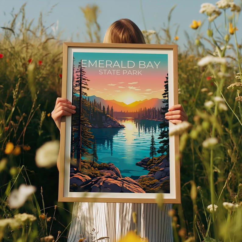 Emerald Bay State Park Travel Print California Poster Forest Wall Art Bay Illustration Emerald Bay Poster Home Decor Birthday Gift