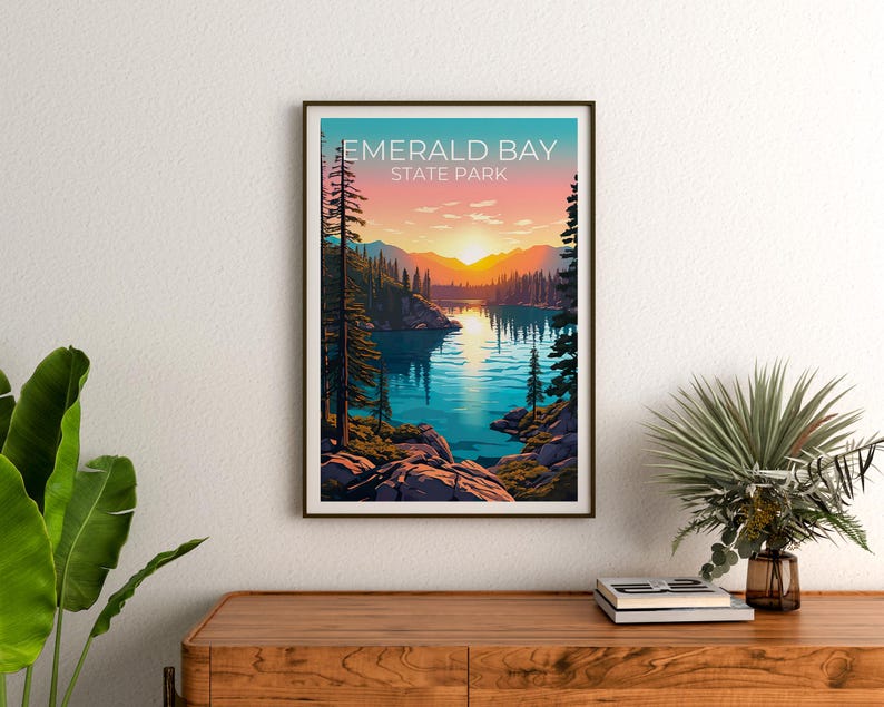 Emerald Bay State Park Travel Print California Poster Forest Wall Art Bay Illustration Emerald Bay Poster Home Decor Birthday Gift