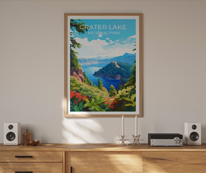 Affiche de voyage sur le lac Crater, art mural sur le lac Crater, impression sur le lac Crater, affiche sur le lac Crater, art de l'Oregon, affiche sur le lac, affiche sur la nature, décoration murale