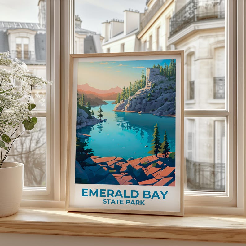 California Travel Print Emerald Bay State Park Poster Mountain Wall Art Forest Illustration California Poster Home Decor Birthday Gift