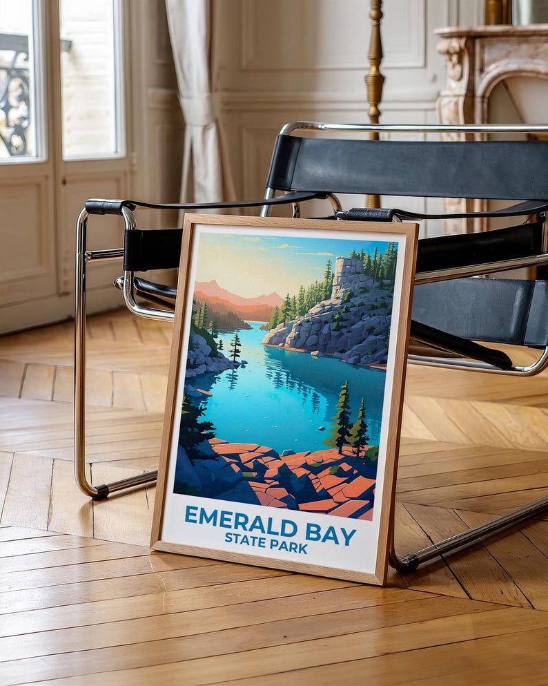California Travel Print Emerald Bay State Park Poster Mountain Wall Art Forest Illustration California Poster Home Decor Birthday Gift