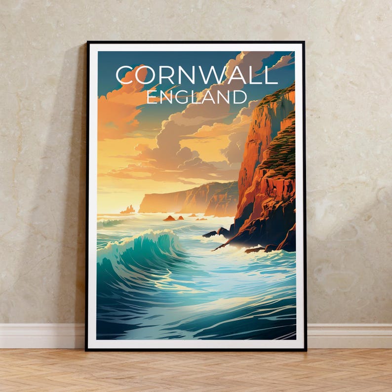 Cornwall Travel Print England Poster Cornwall Cliffs Wall Art United Kingdom Illustration Cornwall Poster Home Decor Birthday Gift