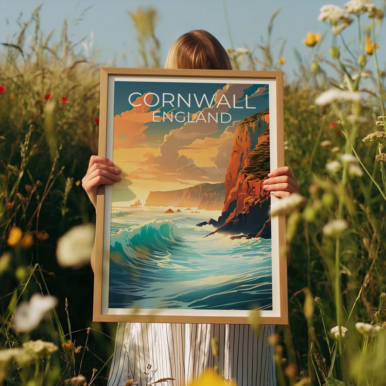 Cornwall Travel Print England Poster Cornwall Cliffs Wall Art United Kingdom Illustration Cornwall Poster Home Decor Birthday Gift