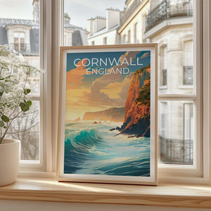 Cornwall Travel Print England Poster Cornwall Cliffs Wall Art United Kingdom Illustration Cornwall Poster Home Decor Birthday Gift