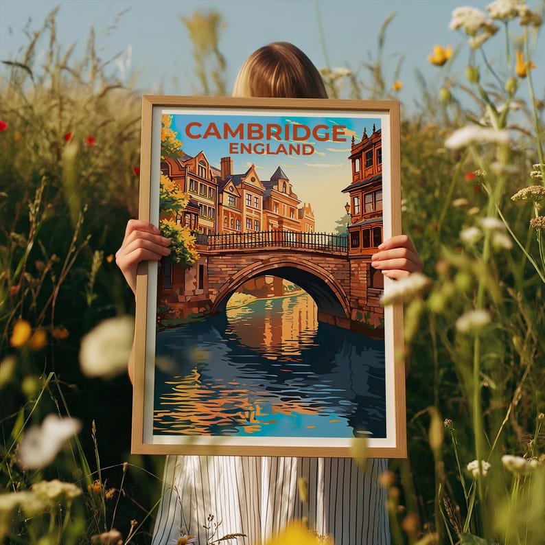 Cambridge Poster, England Print, English Poster, United Kingdom Print,  Cambridge Travel Poster, UK Poster, Canal Art