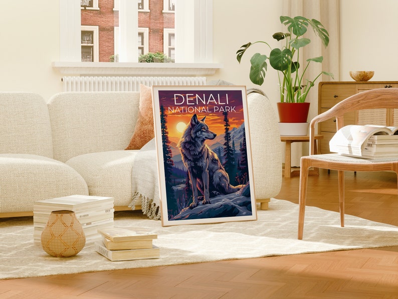 Affiche du parc national de Denali, impression Denali, affiche Alaska, impression Alaska, affiche de voyage Denali, affiche de loup, art Denali