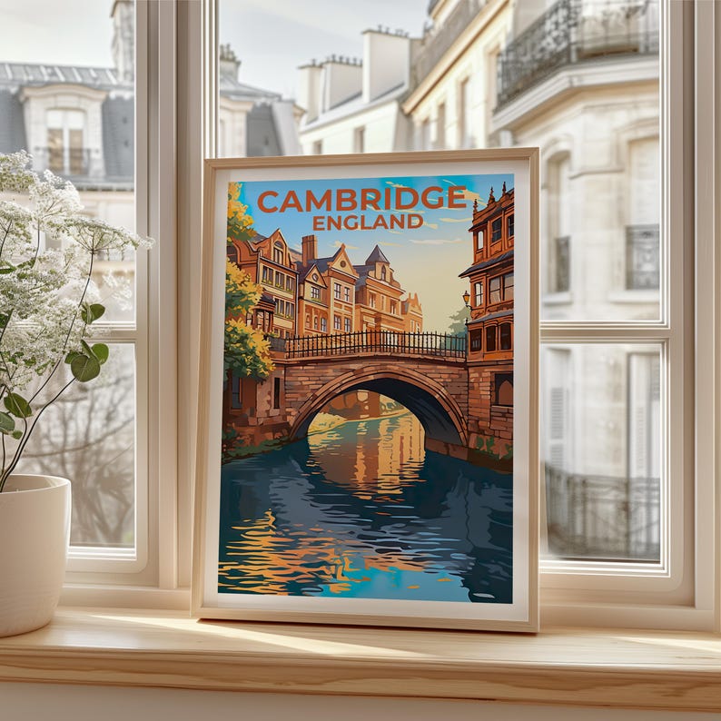 Cambridge Poster, England Print, English Poster, United Kingdom Print,  Cambridge Travel Poster, UK Poster, Canal Art