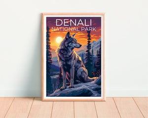 Affiche du parc national de Denali, impression Denali, affiche Alaska, impression Alaska, affiche de voyage Denali, affiche de loup, art Denali