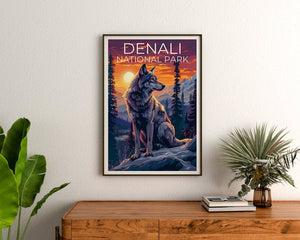 Affiche du parc national de Denali, impression Denali, affiche Alaska, impression Alaska, affiche de voyage Denali, affiche de loup, art Denali