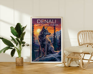 Affiche du parc national de Denali, impression Denali, affiche Alaska, impression Alaska, affiche de voyage Denali, affiche de loup, art Denali