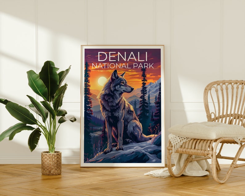 Affiche du parc national de Denali, impression Denali, affiche Alaska, impression Alaska, affiche de voyage Denali, affiche de loup, art Denali