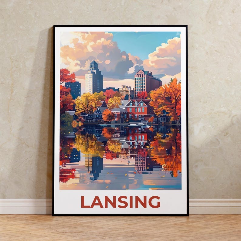 Lansing Travel Poster, Michigan Print, Riverfront Wall Art, Michigan Illustration, Lansing City Poster, Home Decor, Birthday Gift
