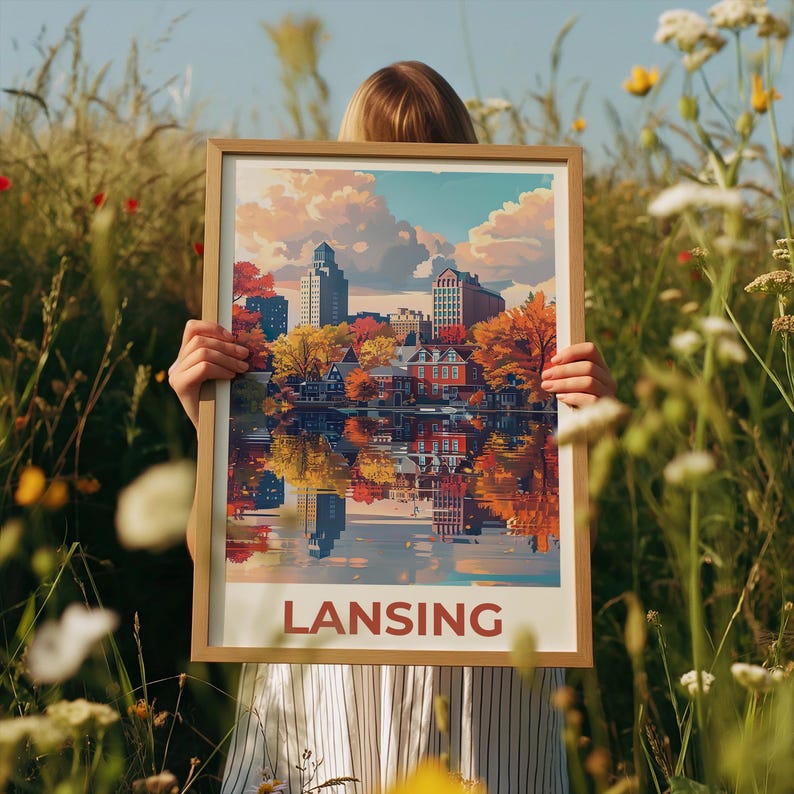 Lansing Travel Poster, Michigan Print, Riverfront Wall Art, Michigan Illustration, Lansing City Poster, Home Decor, Birthday Gift