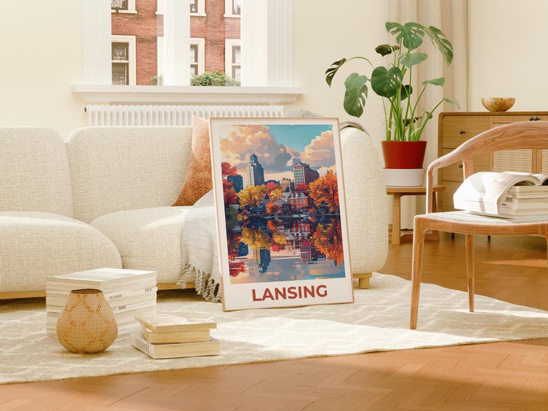Lansing Travel Poster, Michigan Print, Riverfront Wall Art, Michigan Illustration, Lansing City Poster, Home Decor, Birthday Gift