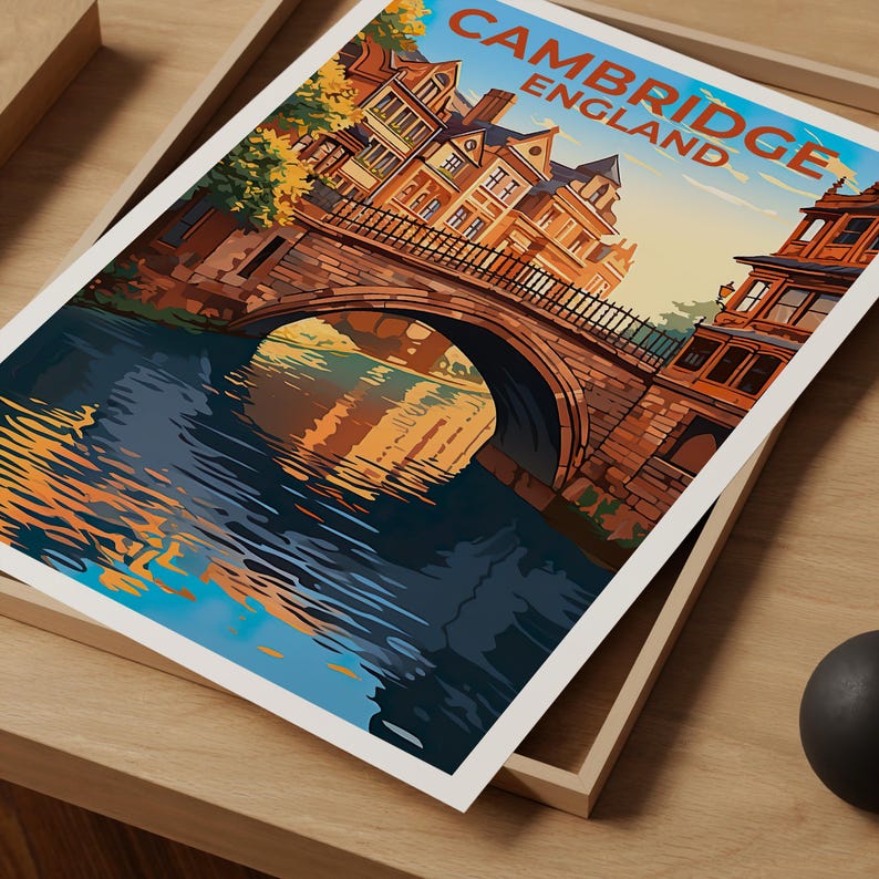 Cambridge Poster, England Print, English Poster, United Kingdom Print,  Cambridge Travel Poster, UK Poster, Canal Art