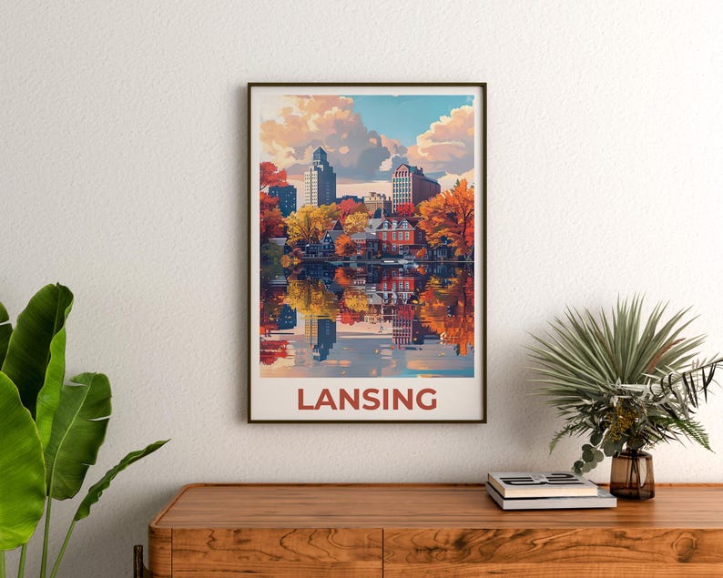 Lansing Travel Poster, Michigan Print, Riverfront Wall Art, Michigan Illustration, Lansing City Poster, Home Decor, Birthday Gift