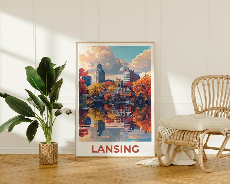 Lansing Travel Poster, Michigan Print, Riverfront Wall Art, Michigan Illustration, Lansing City Poster, Home Decor, Birthday Gift
