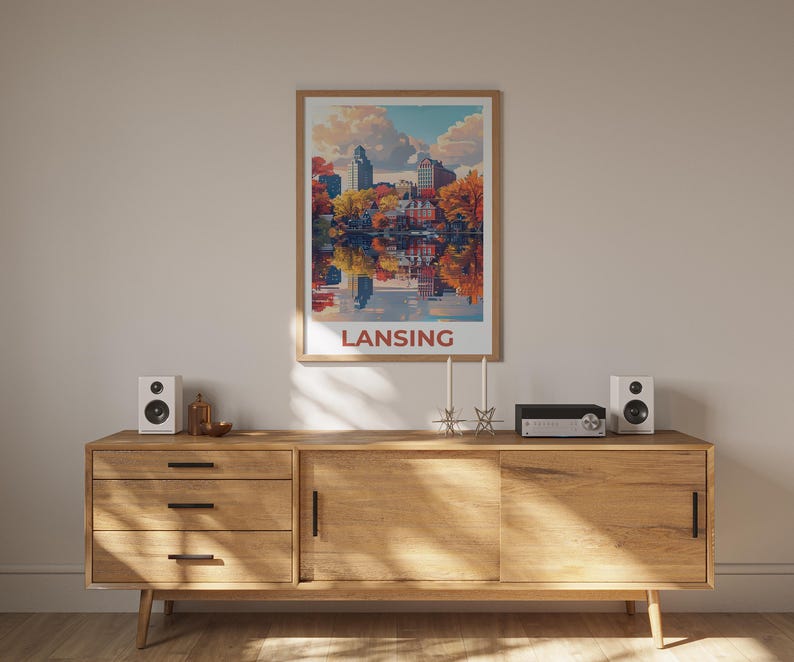 Lansing Travel Poster, Michigan Print, Riverfront Wall Art, Michigan Illustration, Lansing City Poster, Home Decor, Birthday Gift