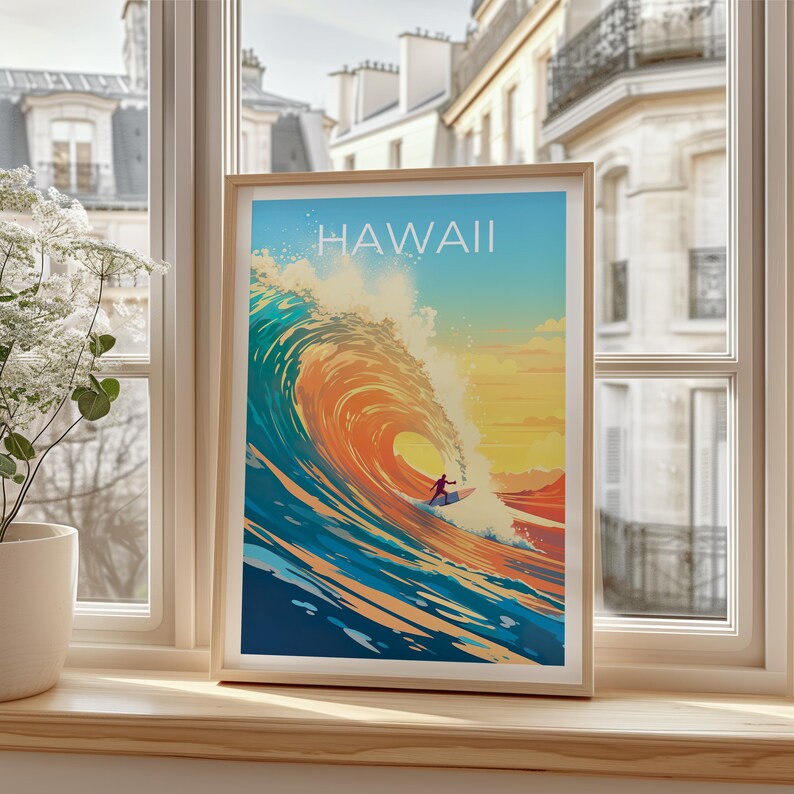 Hawaii Travel Print, Surfing Poster, Aloha Wall Art, Tropical Island Illustration, Hawaii Poster, Home Decor, Birthday Gift