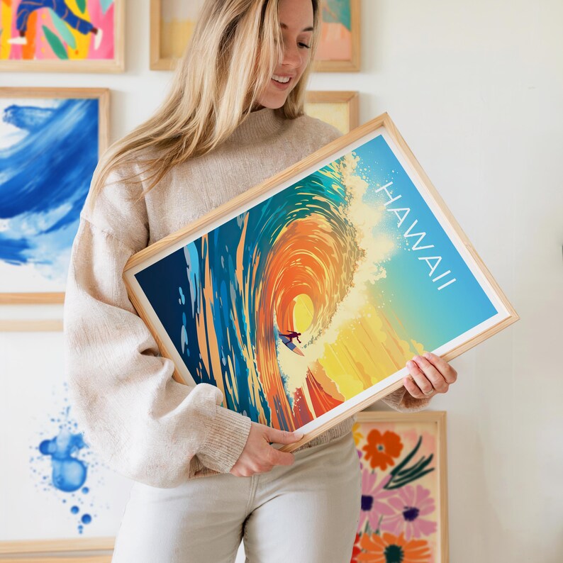 Hawaii Travel Print, Surfing Poster, Aloha Wall Art, Tropical Island Illustration, Hawaii Poster, Home Decor, Birthday Gift