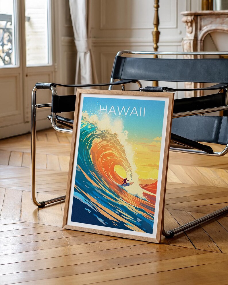 Hawaii Travel Print, Surfing Poster, Aloha Wall Art, Tropical Island Illustration, Hawaii Poster, Home Decor, Birthday Gift