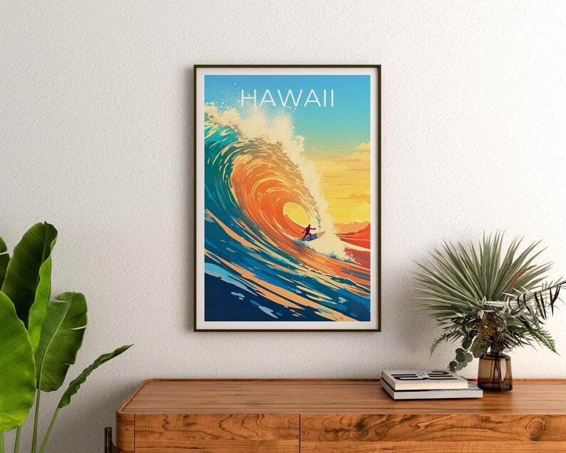 Hawaii Travel Print, Surfing Poster, Aloha Wall Art, Tropical Island Illustration, Hawaii Poster, Home Decor, Birthday Gift