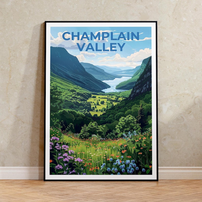 Champlain Valley Travel Poster, New York Print, Vermont Poster, Mountain Illustration, Forest Poster, Home Decor, Birthday Gift