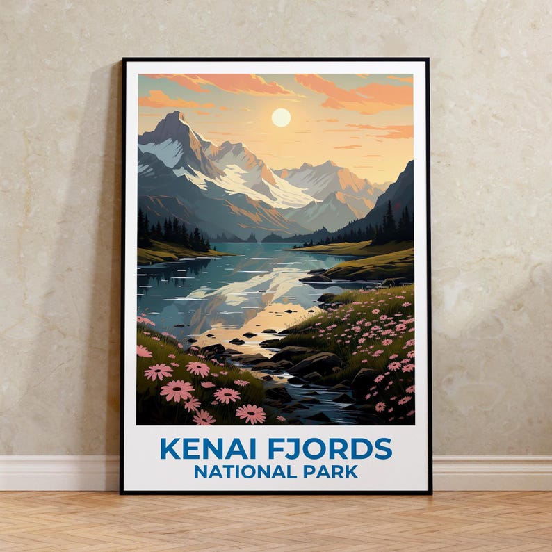 Kenai Fjords Travel Print Alaska Poster Wilderness Wall Art Mountain Illustration Kenai Fjords Poster Home Decor Birthday Gift