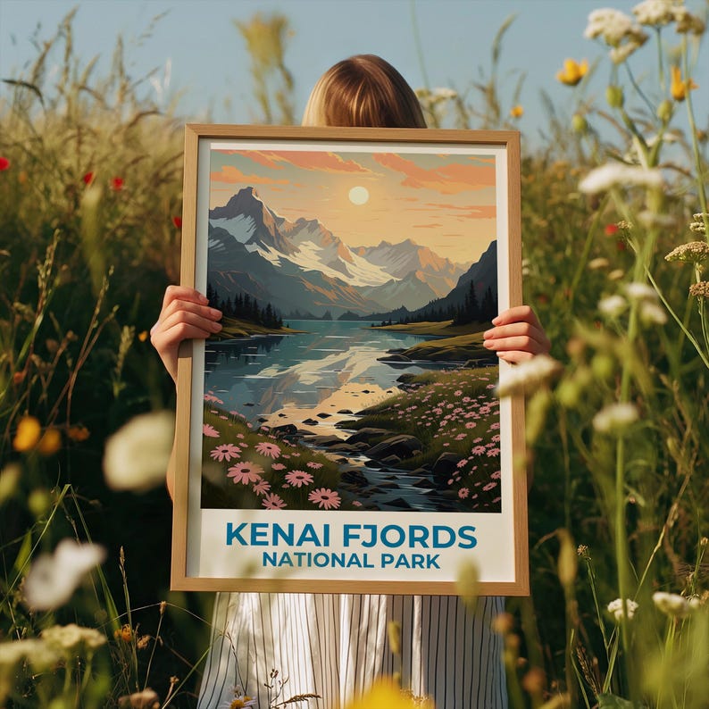 Kenai Fjords Travel Print Alaska Poster Wilderness Wall Art Mountain Illustration Kenai Fjords Poster Home Decor Birthday Gift