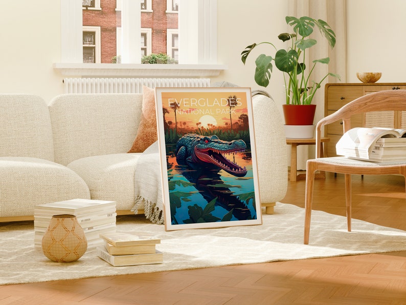 Affiche de voyage des Everglades, art mural de Floride, impression de Floride, affiche des Everglades, affiche d'alligator, affiche de la nature, art des Everglades