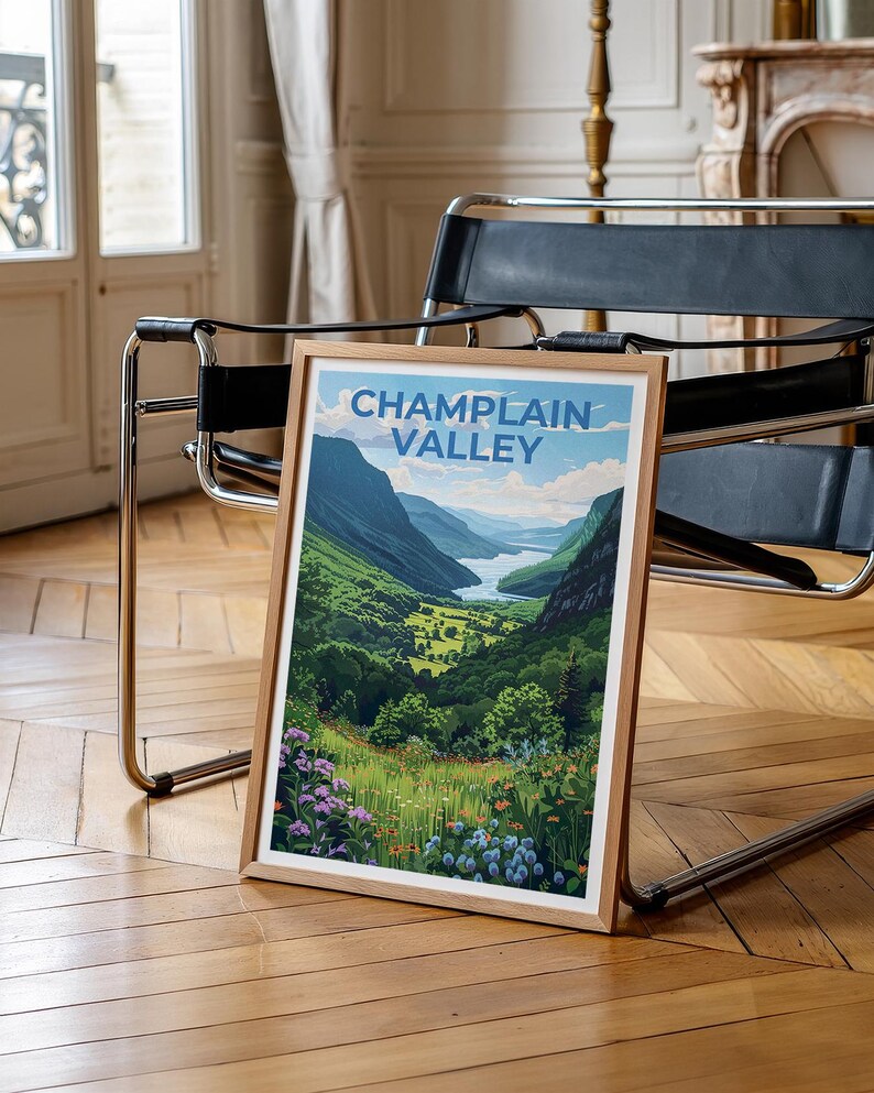 Champlain Valley Travel Poster, New York Print, Vermont Poster, Mountain Illustration, Forest Poster, Home Decor, Birthday Gift