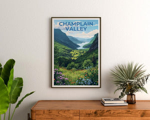 Champlain Valley Travel Poster, New York Print, Vermont Poster, Mountain Illustration, Forest Poster, Home Decor, Birthday Gift