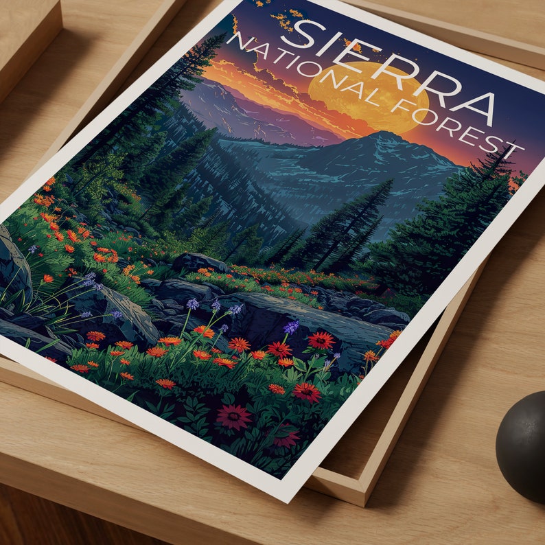 Affiche de la forêt nationale de Sierra, impression Sierra, affiche de la forêt, affiche de Californie, affiche de randonnée, art de la forêt, cadeau de randonnée