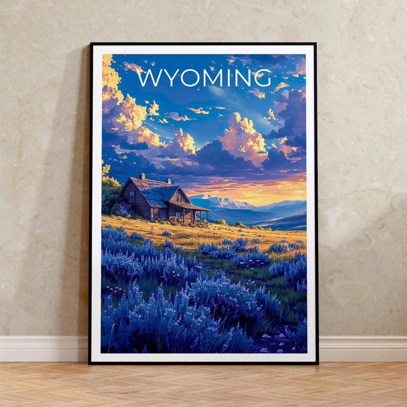 Wyoming Travel Print, Outdoor Nature Poster, Wood Cabin Wall Art, Rustic Rugged Illustration, Landscape Poster, Home Decor, Birthday Gift