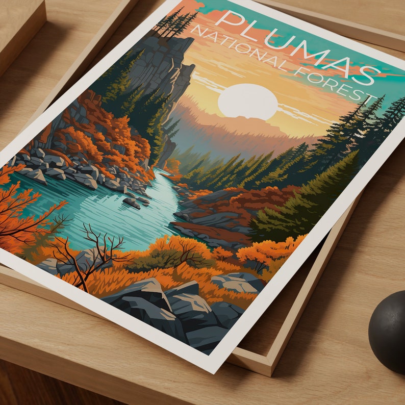 Affiche de voyage Plumas Forest, art mural de Californie, impression de Californie, affiche Plumas Forest, affiche de Californie, affiche de forêt