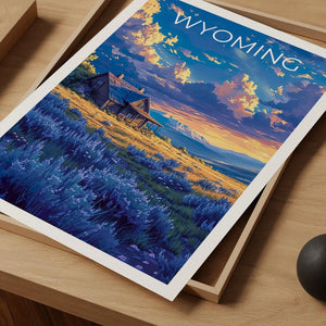 Wyoming Travel Print, Outdoor Nature Poster, Wood Cabin Wall Art, Rustic Rugged Illustration, Landscape Poster, Home Decor, Birthday Gift