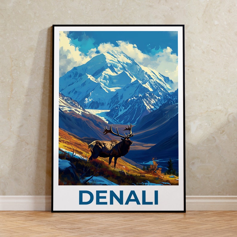 Affiche de voyage Denali, art mural de l'Alaska, impression de l'Alaska, affiche Denali, affiche de l'Alaska, impression Denali, art Denali