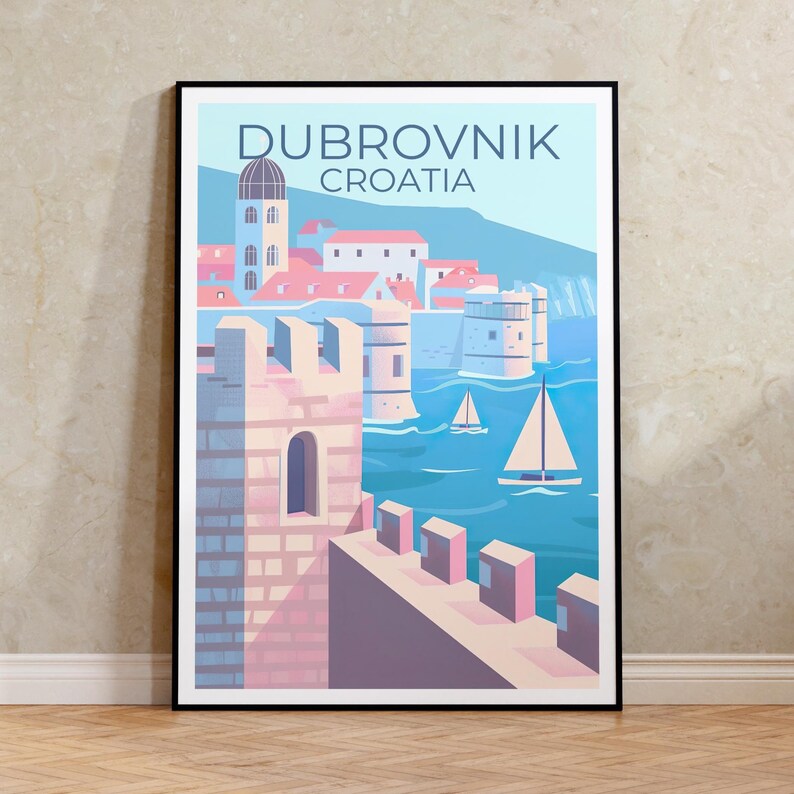 Dubrovnik Travel Print, Croatia Poster, Europe Poster, Old Town Illustration, Castle Poster, Scenic Wall Art Home Decor, Birthday Gift