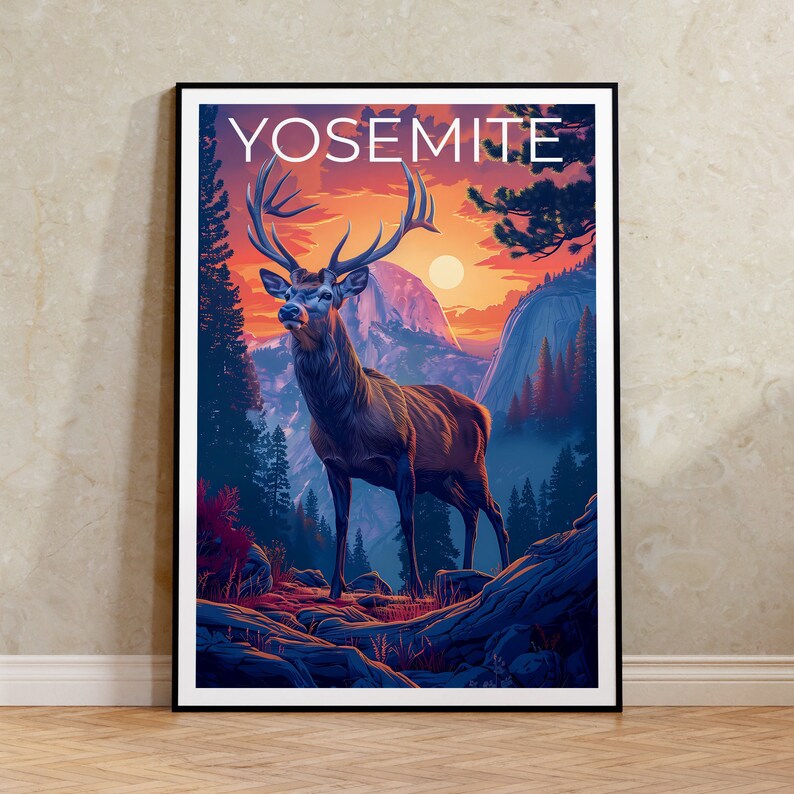 Affiche Yosemite, Impression Yosemite, Art du cerf, Impression Half Dome, Affiche Californie, Cadeau Yosemite, Impression Californie
